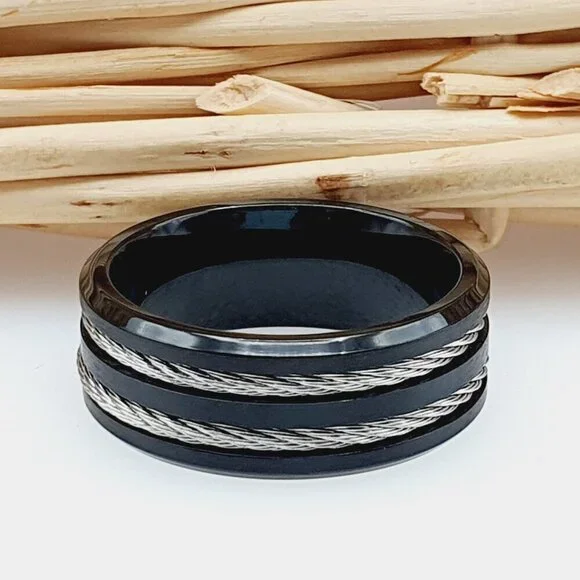 Rope Inlay Black Titanium Wedding Ring, GALTUN553